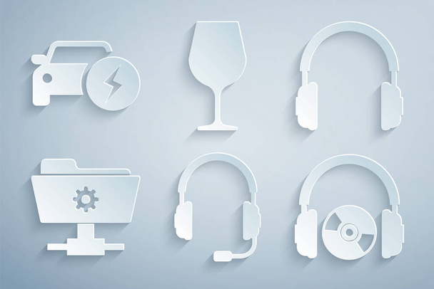 Kulaklıkları mikrofon, FTP ayarları klasörü, CD veya DVD, şarap kadehi ve elektrikli araba simgesi ile ayarla. Vektör - Vektör, Görsel