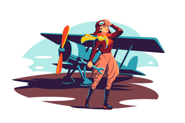 Female aviator holding wrench instrument - Vector, Image
