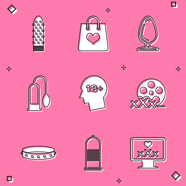 Set Dildo vibrator, Shopping bag with heart, Anal plug, Penis pump, Head 18 plus, Film reel Sex, Leather fetish collar and Condom safe sex icon. Vector - Vektori, kuva