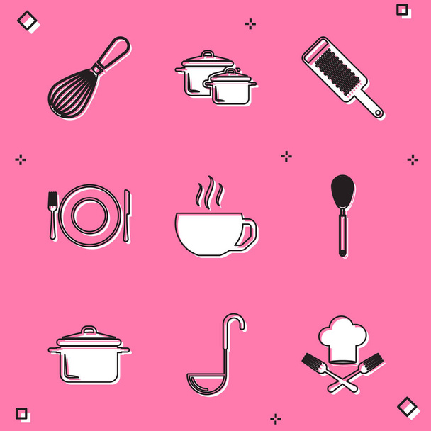 Set Schneebesen, Kochtopf, Reibe, Teller, Gabel und Messer, Kaffeetasse und Schöpfkelle Symbol. Vektor - Vektor, Bild
