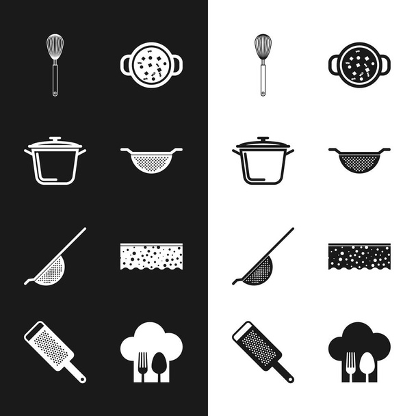 Set Küchensieb, Kochtopf, Schneebesen, Suppe, Biskuit mit Blasen, Kochlöffel und Reibeisensymbol. Vektor - Vektor, Bild