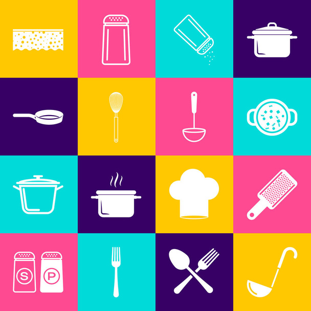Set Kitchen ladle, Grater, Cooking soup in pot, Salt and pepper, whisk, Frying pan, Sponge with bubbles and icon. Vector - Vector, Image