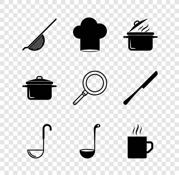Mutfak süzgeci, şef şapkası, tencere, kepçe, kahve fincanı ve kızartma tavası ikonu. Vektör - Vektör, Görsel