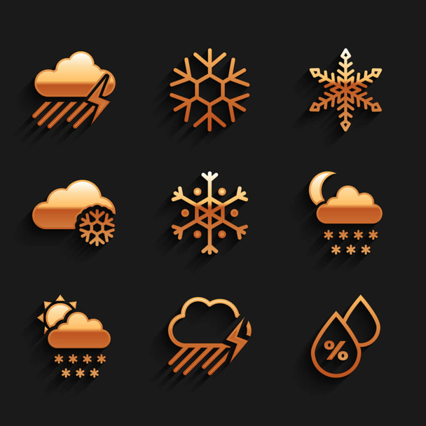 Set Fiocco di neve, Nuvola con pioggia e fulmini, percentuale goccia d'acqua, luna di neve, sole e icona. Vettore - Vettoriali, immagini