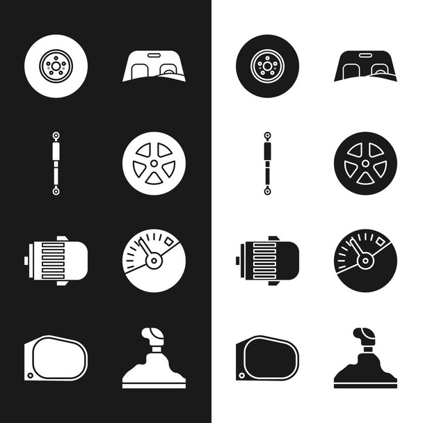 Set Car wheel, Shock absorber, brake disk, windscreen, Electric engine, Speedometer, Gear shifter and mirror icon. Vector - Vektor, obrázek
