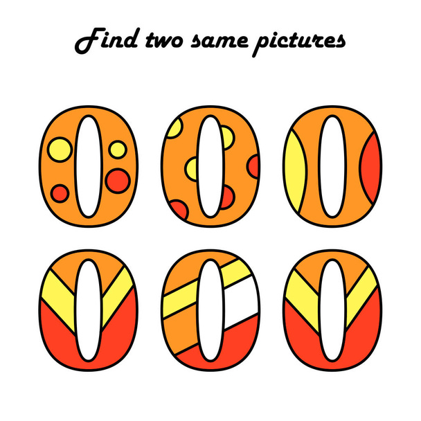 Find two same pictures. A puzzle game for children. Numbers. Zero. Education and entertainment. Logical worksheet for preschool kids. Vector illustration - Vektori, kuva