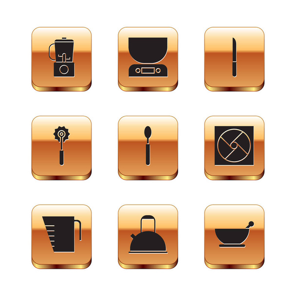 Set Blender, Measuring cup, Kettle with handle, Spoon, Pizza knife, Knife, Mortar pestle and Electronic scales icon. Vector - ベクター画像