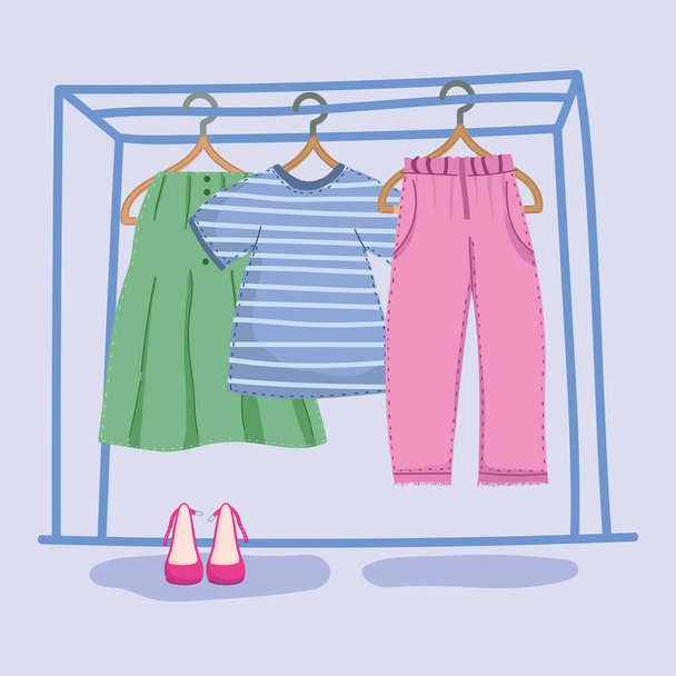 ρούχα κρέμονται σε ένα ράφι - Διάνυσμα, εικόνα