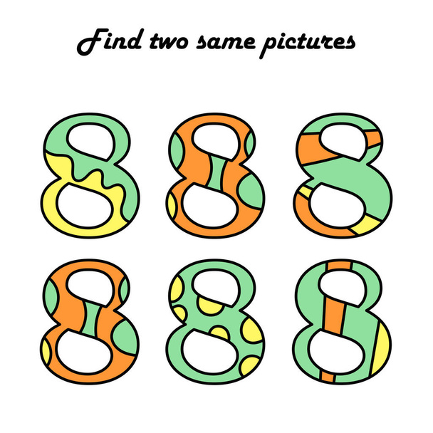 Find two same pictures. A puzzle game for children. Numbers. Eight. Education and entertainment. Logical worksheet for preschool kids. Vector illustration - Vector, imagen