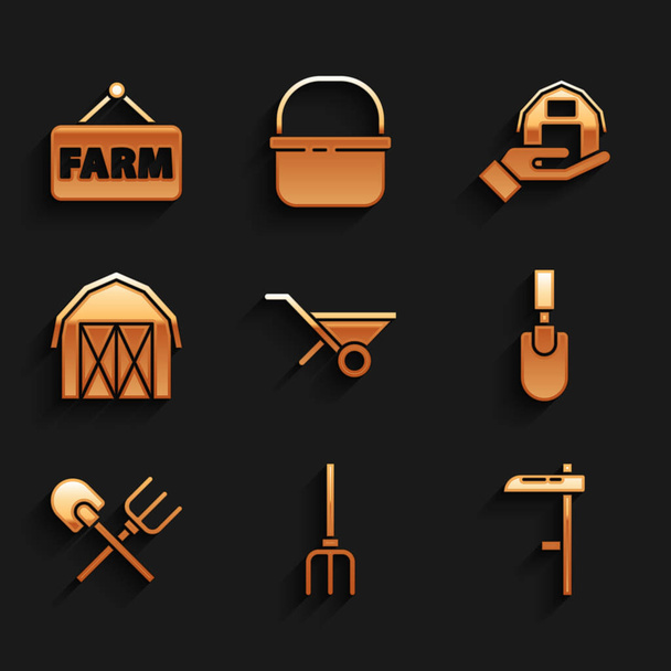 El arabası, bahçe yabası, tırmık küreği, kürek ve tırmık, elinde çiftlik evi ve metin ikonuyla işaret panosu. Vektör - Vektör, Görsel