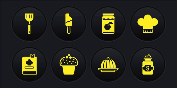 Set Cookbook, chapéu de chef, Bolo, Creme de pudim, Frasco de compota, Sorvete, Frasco de açúcar e ícone de Espátula. Vetor - Vetor, Imagem