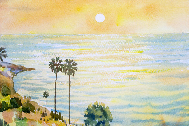 Kleurrijke aquarel schilderen op papier textuur. Impressionisme beeld van zeegezicht schilderijen van Phuket, Laem Phromthep in Thailand met zonlicht zonsondergang achtergrond. Abstract hedendaagse kunst voor achtergrond - Foto, afbeelding
