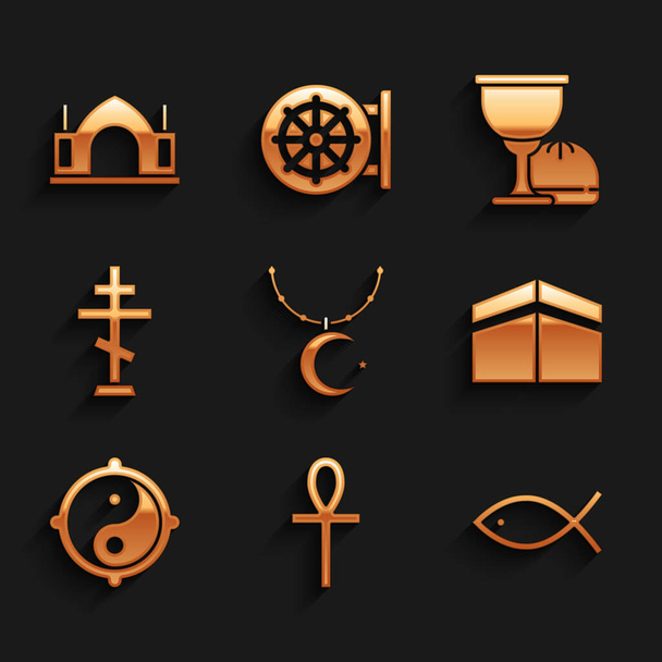 Set Star and crescent on chain, Cross ankh, Christian fish, Kaaba mosque, Yin Yang, cross, Holy grail or chalice and Hindu spiritual temple icon. Vector - Vector, Image