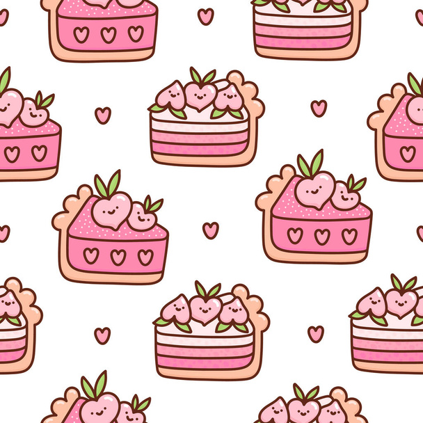 Surface pattern design with peach cake, flower, heart on a white background. Sweet beautiful background. Print design for stationery supplies, kitchen decor, textile, packaging, wrapping paper etc. - Vector, Image
