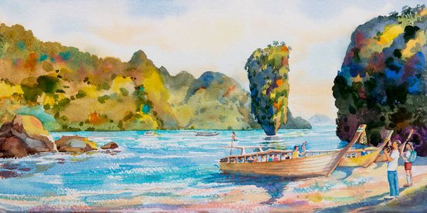 Colorful summer watercolor painting seascape on paper of Phang Nga Bay with tourism family on beach and boat sail on sea, sunlight background. Famous landmark in Thailand. Abstract art for background. - Photo, Image