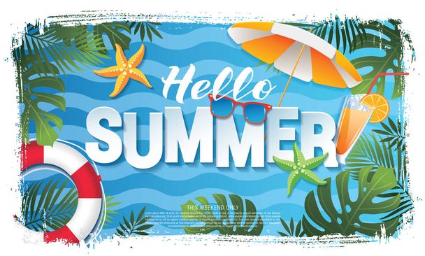 hello summer lettering with beach and sea vector illustration, travel concept - Wektor, obraz