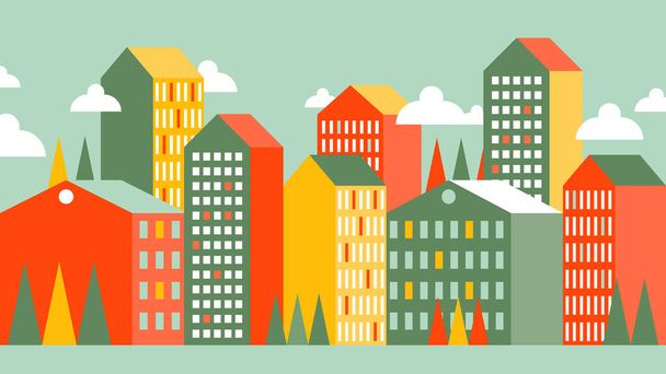 Geometryczna ilustracja miasta. Wielkie Graficzne Miasto. Kolorowe Wysokie Budynki i Domy. Jasne tło horyzontalne - Wektor, obraz
