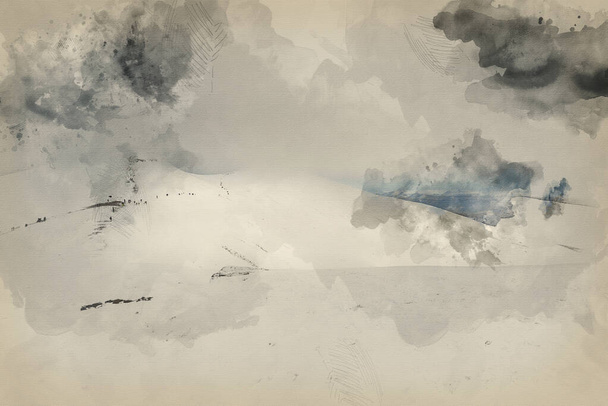 Digitaalinen akvarelli maalaus Upea maisema näkymät ylhäältä syvän lumen peitossa vuoret talvella pilvi inversio - Valokuva, kuva