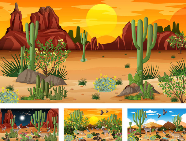 Различные сцены с пейзажем пустынных лесов с изображениями животных и растений - Вектор,изображение
