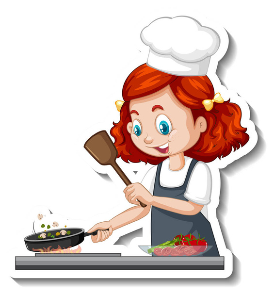 Autocollant personnage de bande dessinée avec illustration de cuisine de fille chef - Vecteur, image