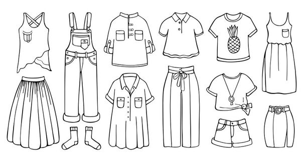 Doodle set of female clothes for spring and summer - Вектор,изображение