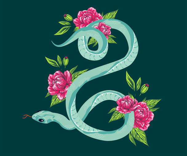 Rose and snake tattoo. Traditional black dot style ink. Roses Isolated illustrations. Traditional tattoo old school ink style tattoos. Illustration of a silhouette of a snake.  - Wektor, obraz