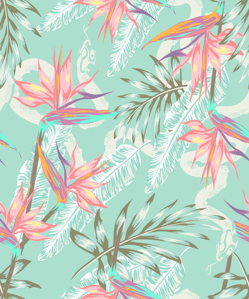 set of designs Beautiful pattern with a snake in a tropical jungle pastel shades, Abstraction for printing on paper, postcards, kids clothes, bedding, textiles. - Vecteur, image