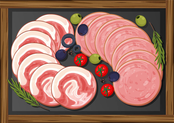 Lunch vlees gezet met verschillende vleeswaren op schotel illustratie - Vector, afbeelding