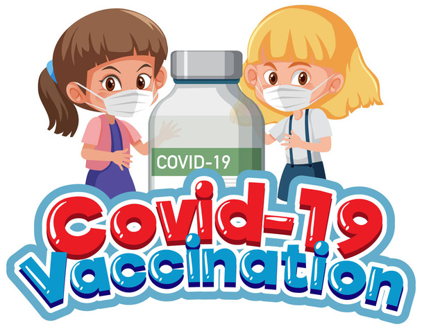 Covid-19 Vaccination font with children and covid-19 vaccine bottle illustration - Vektor, obrázek