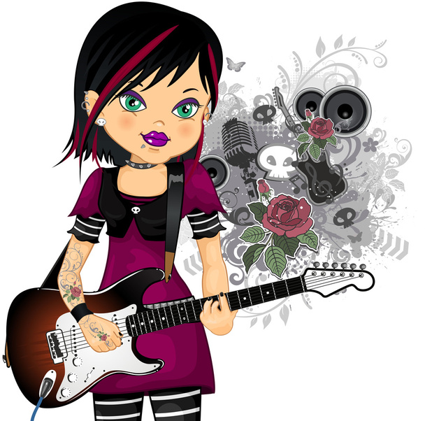 Punk girl with electric guitar - Vektör, Görsel