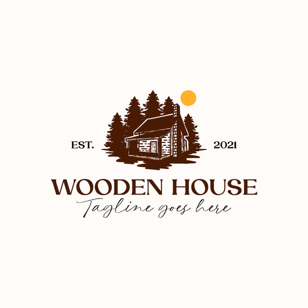 Modello di logo in legno di pino della casa isolato in sfondo bianco - Vettoriali, immagini