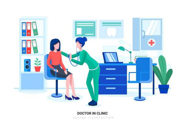 Female doctor consulting patient in clinic. Can use for web banner, infographics, hero images. Flat style color modern vector illustration. - Vector, Image