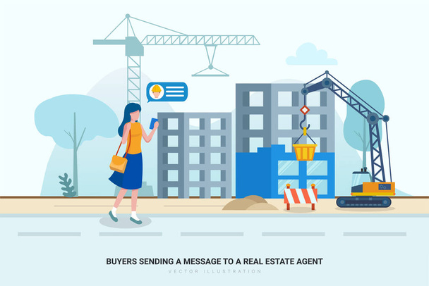 Buyer sending a message to a real estate agent or construction worker. Create a unique illustration for a website, application, or presentation - Vector, Image