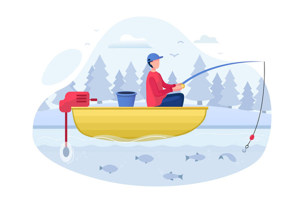 Fishing concept with character. Can use for web banner, mobile app, hero images. Flat vector illustration on white background. - Vektor, kép