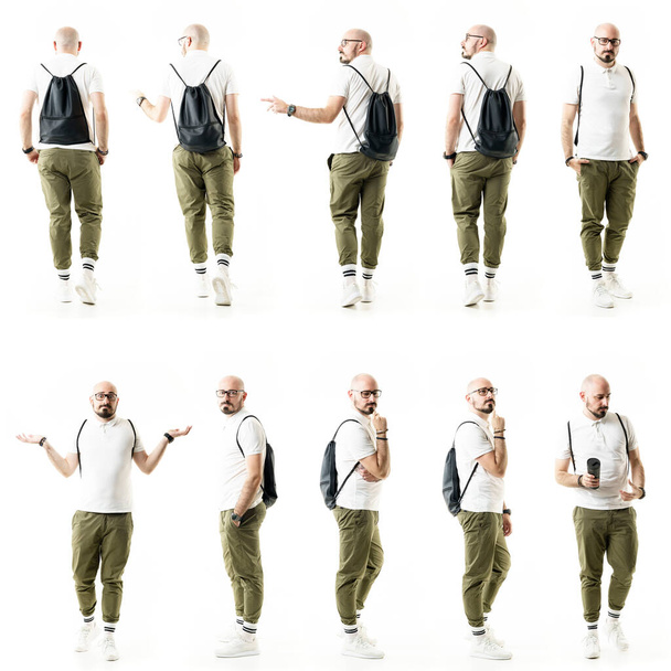 Collage of stylish hipster smart geek people walking back view of posing at camera. Full body people isolated on white background - Photo, Image