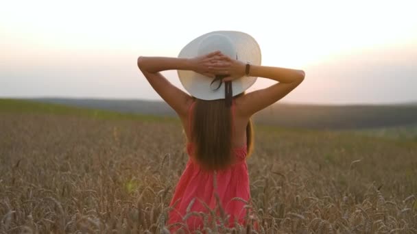 Visão traseira da jovem mulher feliz em vestido de verão vermelho e chapéu de palha em pé no prado da fazenda amarela com trigo dourado maduro levantando as mãos desfrutando de noite quente. - Filmagem, Vídeo