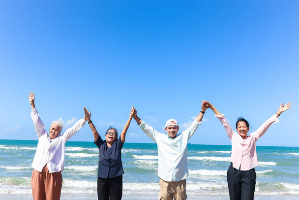 Group of four cheerful elderly old senior friends travel outdoor together, holding and raising hands while standing on beach, have fun and enjoy spend time, resting and relaxing on holiday vacation.  - Photo, Image