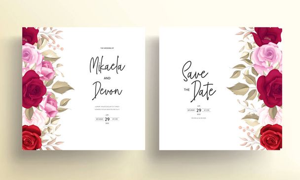 Elegant wedding invitation card with beautiful maroon roses - ベクター画像