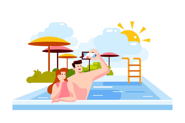 Νεαρό ζευγάρι βγάζει σέλφι ενώ διασκεδάζει στην πισίνα. Έννοια εικονογράφησης διανύσματος - Διάνυσμα, εικόνα
