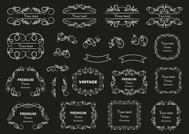 Calligraphic design elements . Decorative swirls or scrolls, vintage frames , flourishes, labels and dividers. Retro vector illustration - Vettoriali, immagini