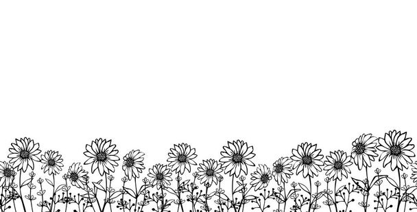 Handgezeichnete Bordüre, Rahmen aus kleinen umrissenen schwarzen Blüten Kamille im Doodle-Stil, horizontale Unterkante, Dekoration zum Geburtstag, Grußkarte, Färbung für Kinder, Geschenkverpackung, Textil. - Vektor, Bild