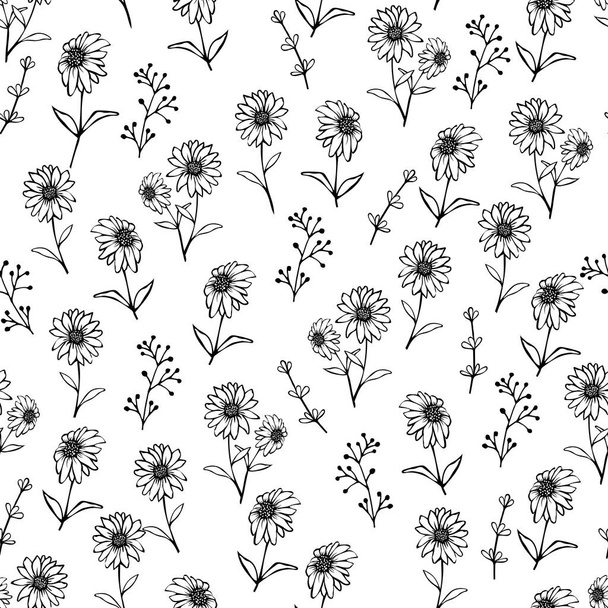 Black doodle contour chamomile flowers isolated on transparent background.Hand drawn floral ink seamless pattern vector illustration. Great for textile, paper, gift wrap or coloring for kids. - Wektor, obraz