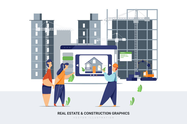 Kupujący i budowniczy patrząc na miejscu pracy. Stwórz unikalną ilustrację dla strony internetowej, aplikacji lub prezentacji - Wektor, obraz
