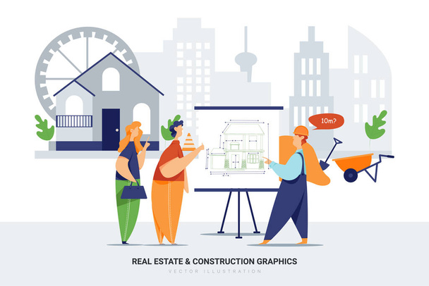 Kupujący i robotnik budowlany pracują razem nad projektem. Stwórz unikalną ilustrację dla strony internetowej, aplikacji lub prezentacji - Wektor, obraz