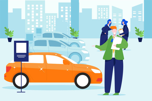Επιτυχημένος επιχειρηματίας σε μια αντιπροσωπεία αυτοκινήτων - πώληση των οχημάτων στους πελάτες. Μπορεί να χρησιμοποιηθεί για web banner, infographics, εικόνες ήρωα. Επίπεδο χρώμα στυλ σύγχρονη διανυσματική απεικόνιση. - Διάνυσμα, εικόνα
