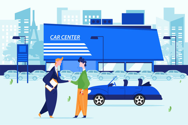 Auto Dealership Center Showroom Interieur. Kan gebruikt worden voor webbanner, infographics, heldenbeelden. Vlakke stijl kleur moderne vector illustratie. - Vector, afbeelding