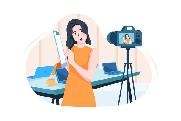 Businesswoman coaching online in front of a video camera. Vector Illustration concept. - Vector, Image