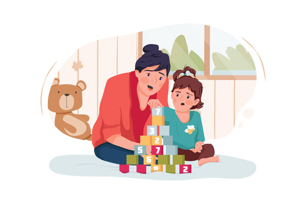 Babysitter and baby girl playing with toy cubes at home - Vector, Image