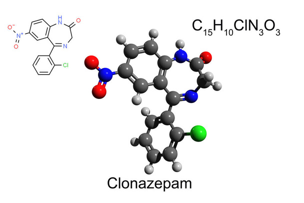 Chemische formule, skeletformule, en 3D ball-and-stick model van benzodiazepine medicatie clonazepam, witte achtergrond - Foto, afbeelding