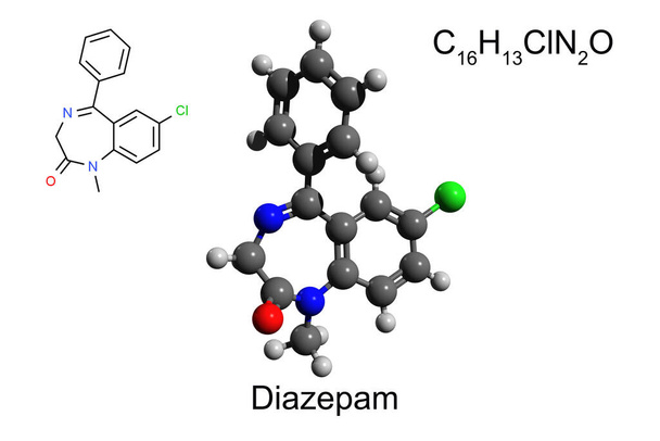 Chemical formula, skeletal formula, and 3D ball-and-stick model of benzodiazepine medication diazepam, white background - Photo, Image